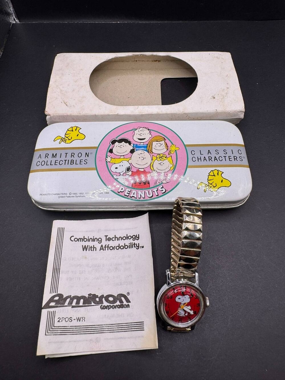 Vintage Armitron Peanuts Snoopy Wristwatch with Original Tin Case Red Dial